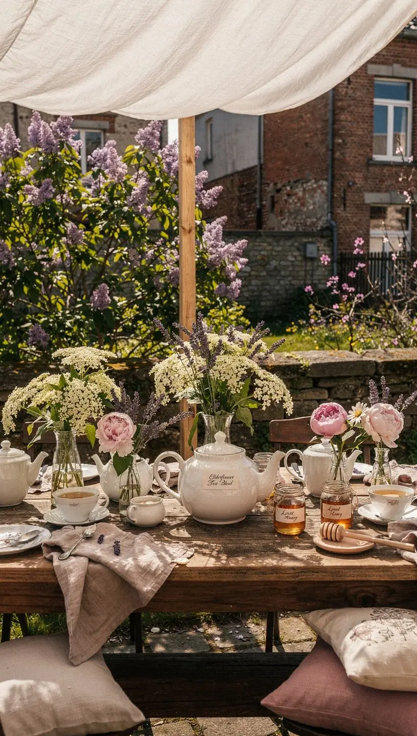 Des feuilles de thé vertes mélangées avec des pétales de fleurs de sureau.
